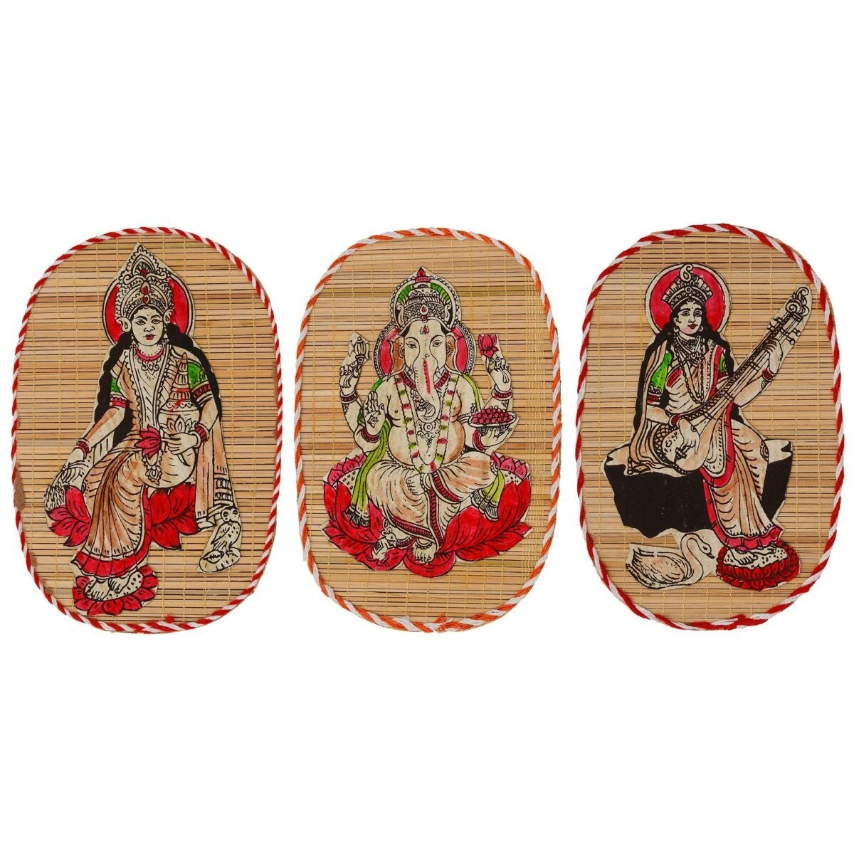 Archeiv Bamboo Hand Crafted Wall Hangings Of The Trio Of Ganesh Ji, Laxmi Ji And Sarwasti Ji Painting For Home Decor-BWH11