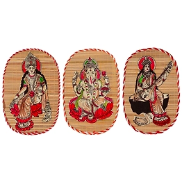 Archeiv Bamboo Hand Crafted Wall Hangings Of The Trio Of Ganesh Ji, Laxmi Ji And Sarwasti Ji Painting For Home Decor