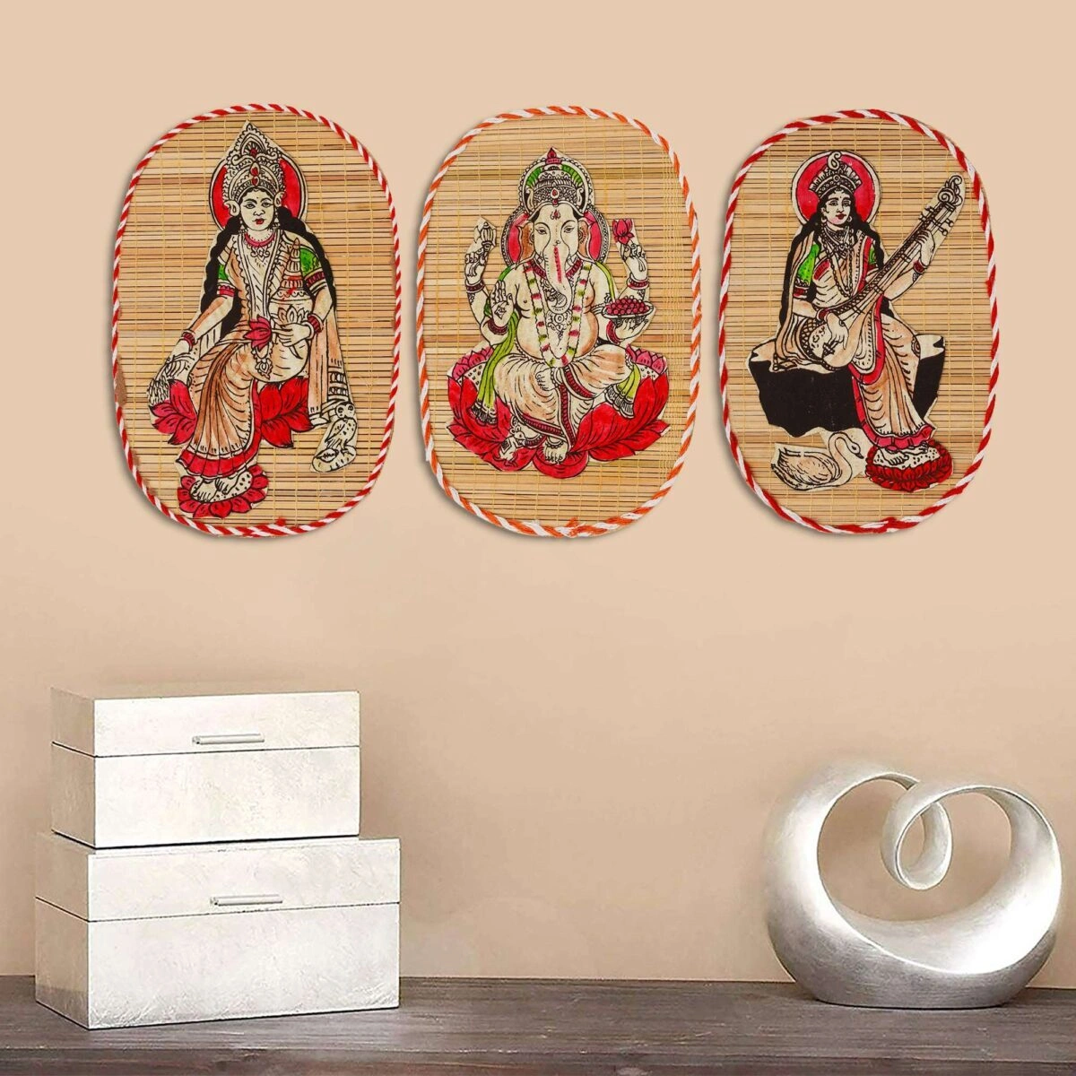 Archeiv Bamboo Hand Crafted Wall Hangings Of The Trio Of Ganesh Ji, Laxmi Ji And Sarwasti Ji Painting For Home Decor-2