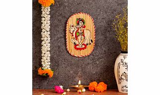 Archeiv Oval Shaped Design Bamboo Hand Crafted Wall Hangings Of Bal Gopal With Holy Cow For Home Decor | Bamboo Art For Wall Decor