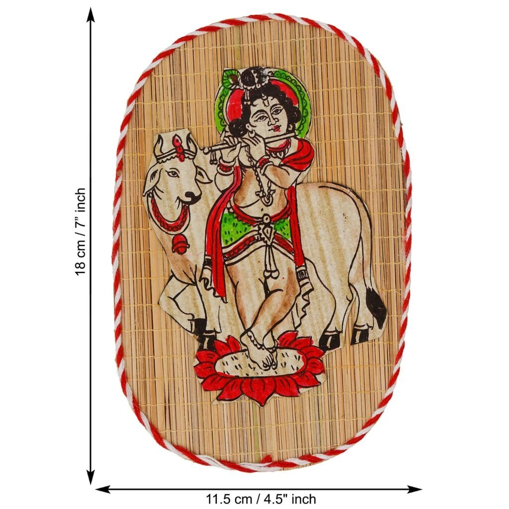 Archeiv Oval Shaped Design Bamboo Hand Crafted Wall Hangings Of Bal Gopal With Holy Cow For Home Decor | Bamboo Art For Wall Decor-1