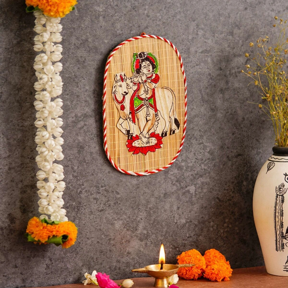 Archeiv Oval Shaped Design Bamboo Hand Crafted Wall Hangings Of Bal Gopal With Holy Cow For Home Decor | Bamboo Art For Wall Decor-2