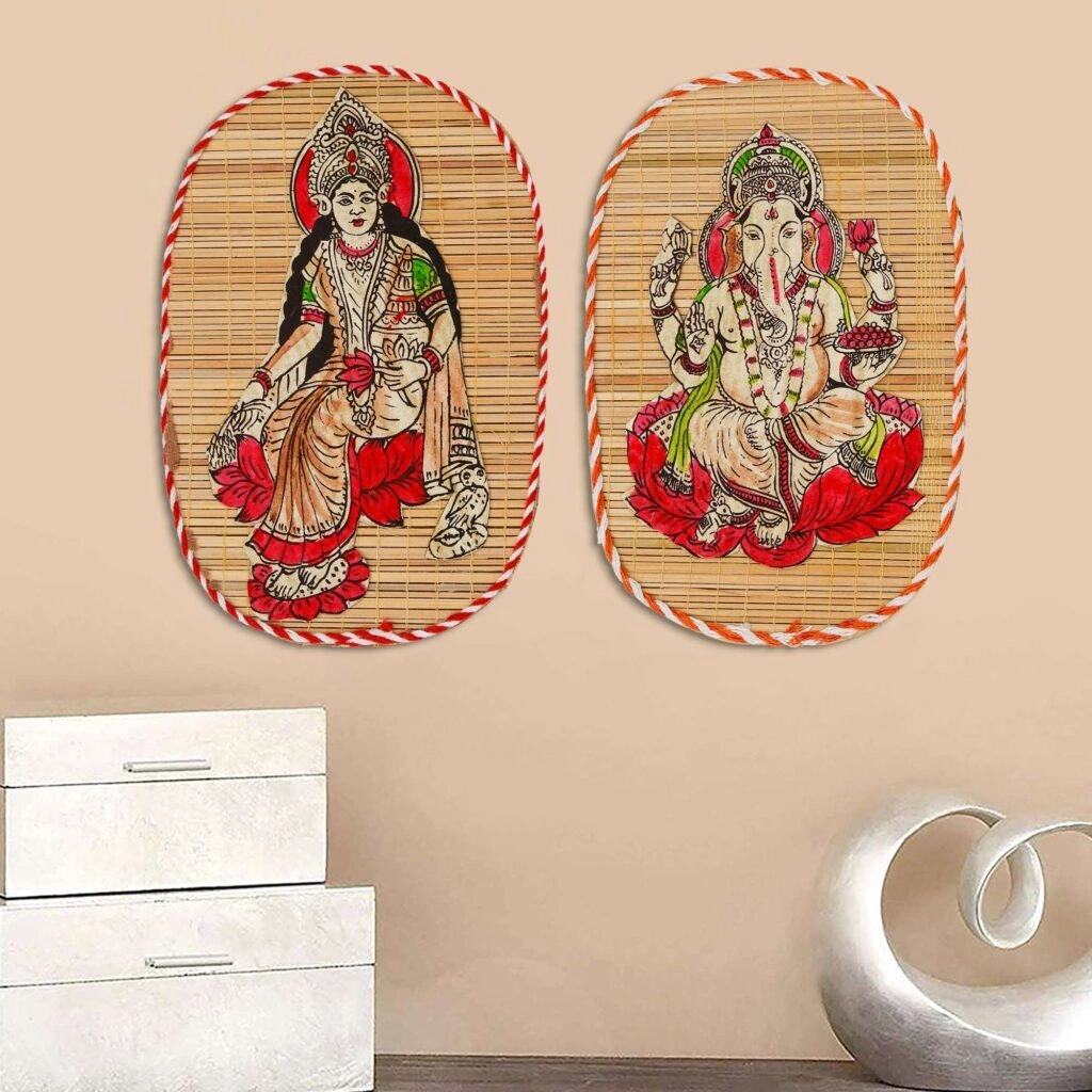 Archeiv Bamboo Hand Crafted Wall Hangings Of Ganesh Ji And Laxmi Ji For Home Decor-1