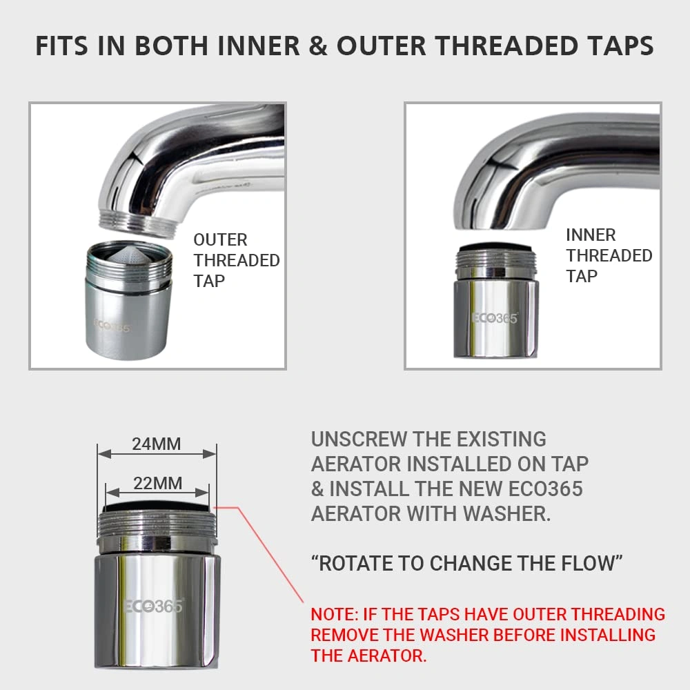 ECO365 Dual Flow X22 Chrome Finish Aerator (Pack of 4) | Fits in both Inner(24mm) &amp; Outer(22mm) Threaded Taps | Tap Extender with Jet &amp; Eco Flow for Maximum Water Saving-2