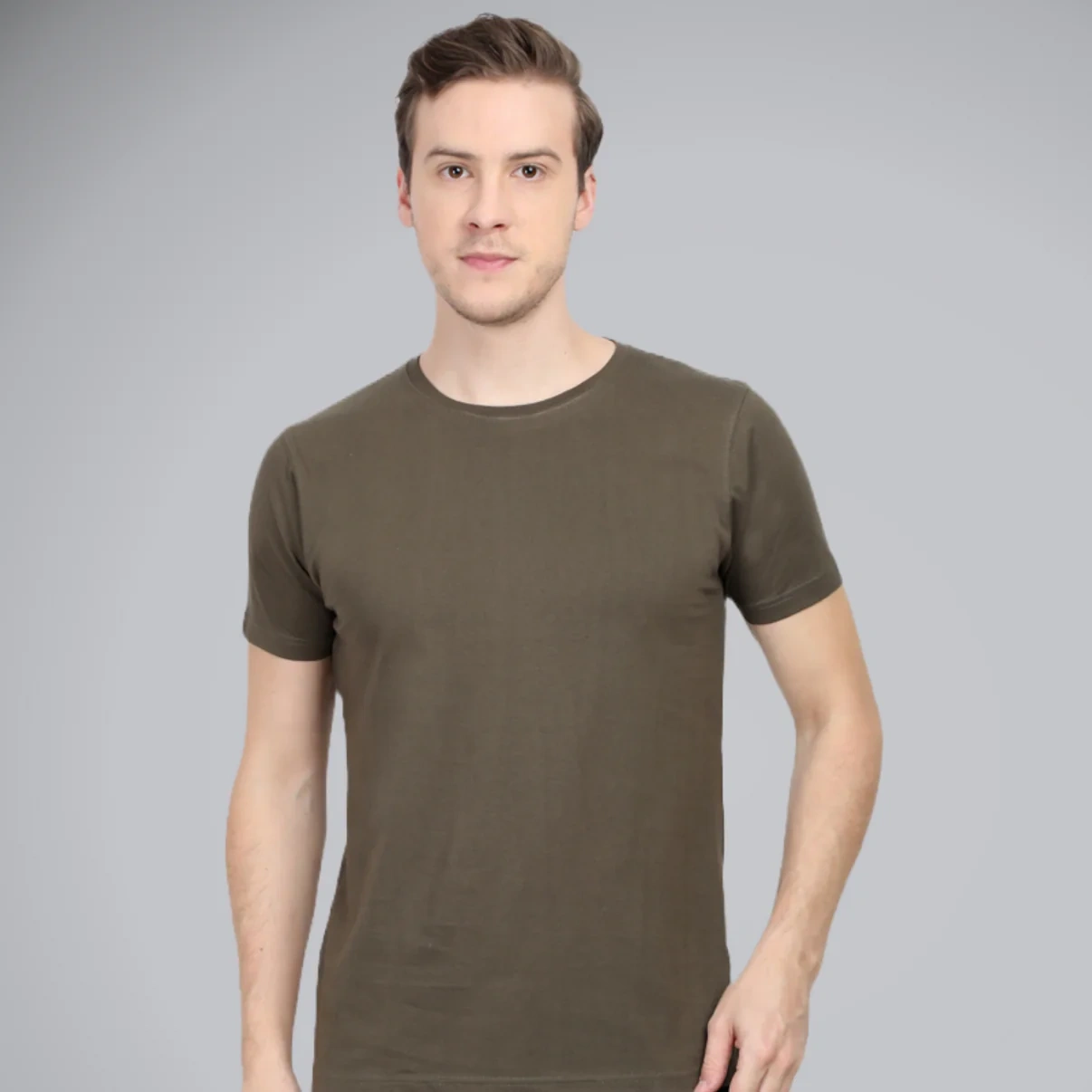 Olive Green Plain T-shirt For Men-12598424