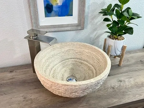 Italian Travertine Stone Sink, Modern Natural Stone Bathroom Vessel Sink-12610748