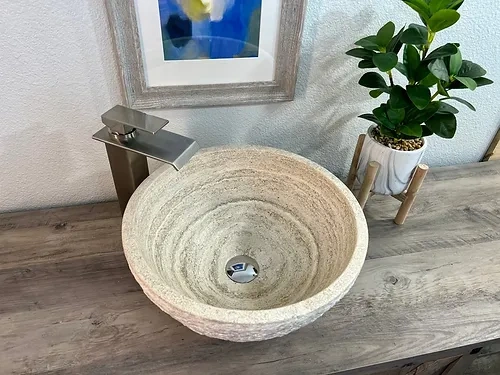 Italian Travertine Stone Sink, Modern Natural Stone Bathroom Vessel Sink-3