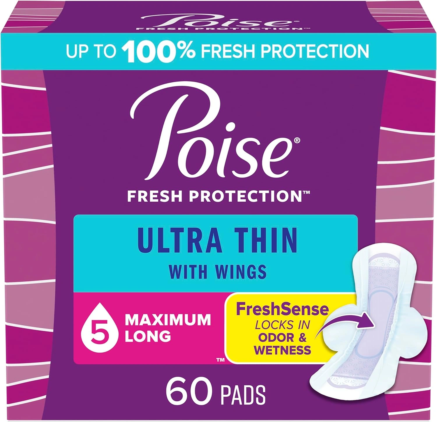 Poise Ultra Thin Incontinence Pads with Wings &amp; Postpartum Incontinence Pads, 5 Drop Maximum Absorbency, Long Length, 60 Count (3 Packs of 20)-993535-6905c5c5