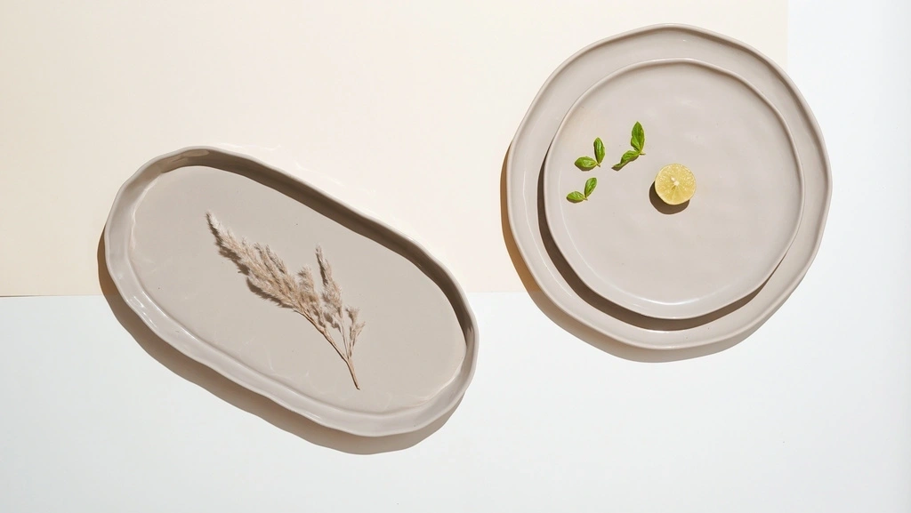 Two beige plates on a white surface with a pampas grass and a lemon slice with leaves.