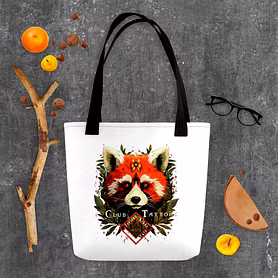 A stylish tote bag featuring a vibrant red panda illustration, surrounded by natural elements and it