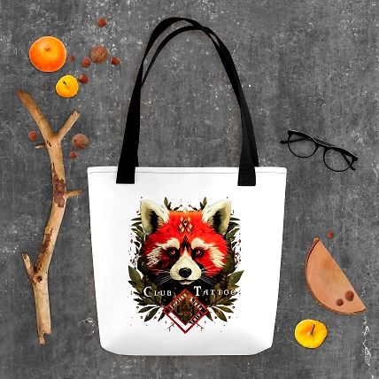 A stylish tote bag featuring a vibrant red panda illustration, surrounded by natural elements and it