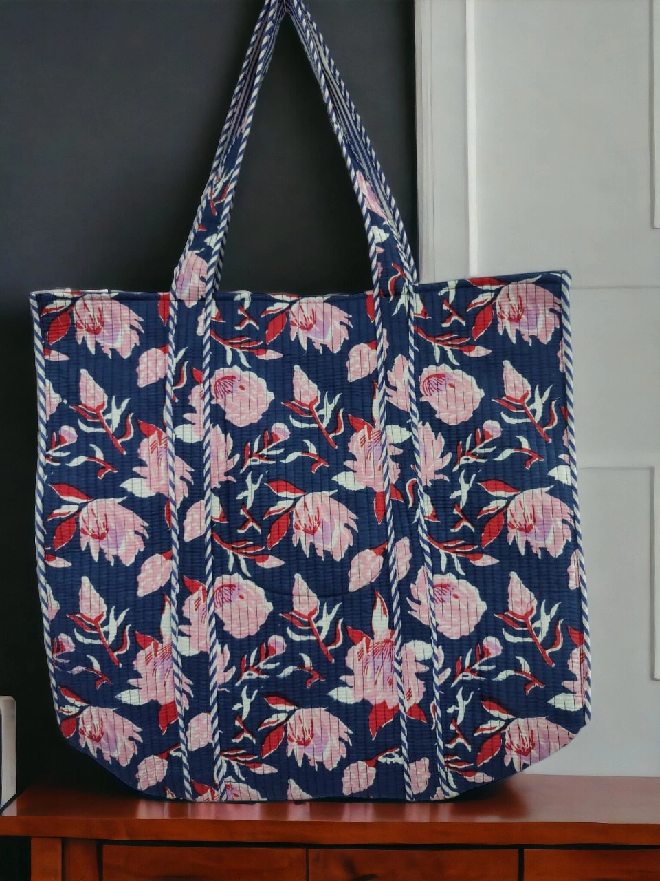 Large Cotton Kantha Tote Bag – Floral Print-1