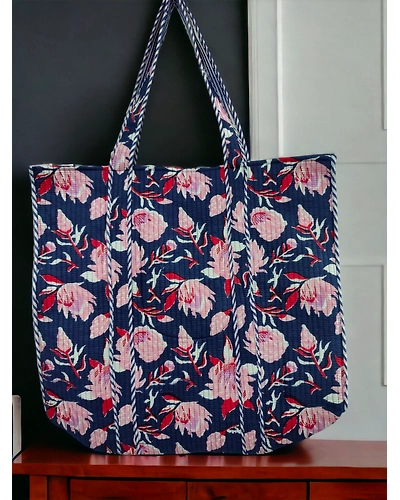 Large Cotton Kantha Tote Bag – Floral Print-1