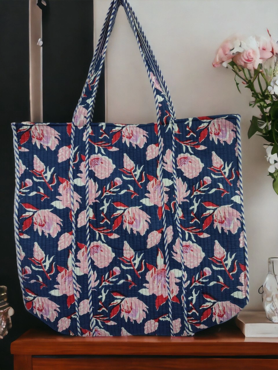 Large Cotton Kantha Tote Bag – Floral Print-12640395