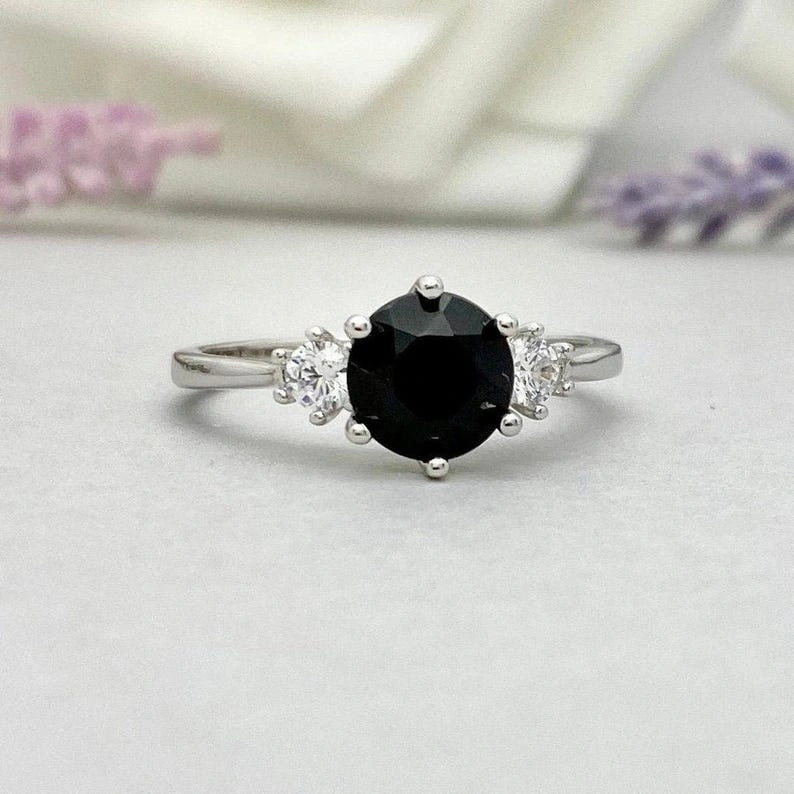 Black Onyx 8 mm Round shape Wedding Ring/ Stunning Black Onyx Silver Ring, Artisan Handmade Piece-2