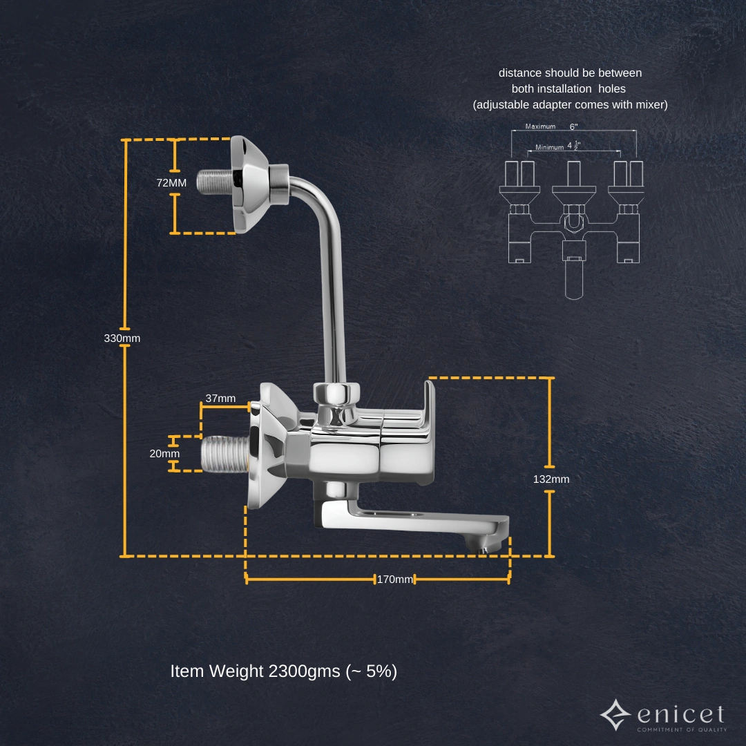 ENICET Brass Durable Wall Mixer 2 in 1 with Bend for Over Head Shower and 125mm Long Bend Pipe, Hot and Cold Wall Mixer for Bathroom (Medium) Visit the ENICET Store-2