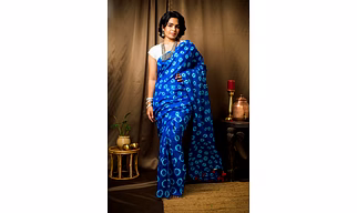 Cotton Mul Tie Dye Saree Blue Bindu