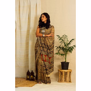 Mul Cotton Block Printed Saree • Kalamkari Yellow Peacock