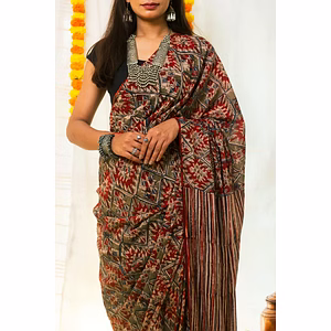 Mul Cotton Block Printed Saree Kalamkari Aztec