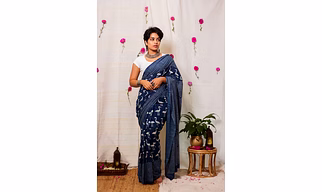 Cotton Mul Bagru Saree Indigo Flamingo