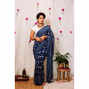 Cotton Mul Bagru Saree Indigo Flamingo