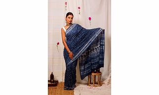 Cotton Mul Bagru Saree Indigo Dots