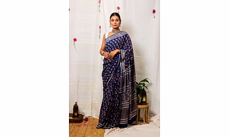 Cotton Mul Bagru Saree Indigo Ruby Bloom