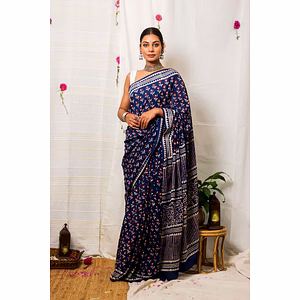Cotton Mul Bagru Saree Indigo Ruby Bloom