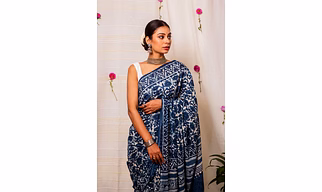 Cotton Mul Bagru Saree Indigo Blue Meadow