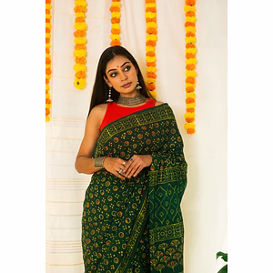 Cotton Mul Bagru Saree Green Ember
