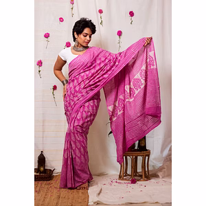 Cotton Mul Bagru Saree Pink Paradise