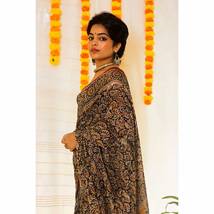 Mul Cotton Block Printed Saree Kalamkari Moonlit Florals