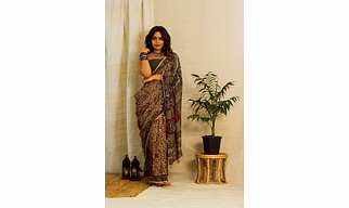 Mul Cotton Block Printed Saree • Kalamkari Beige Jaal