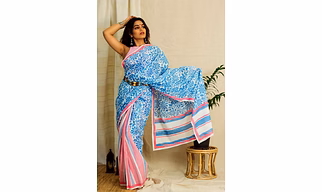 Mul Cotton Block Printed Saree • Cool Floral Stripes